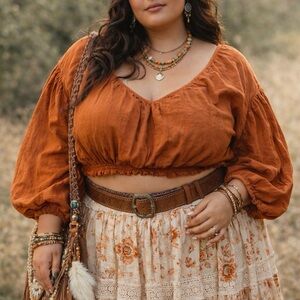 Crop Peasant Blouse Long Sleeve Boho Hippie Rust Orange Universal Thread Sz 2X